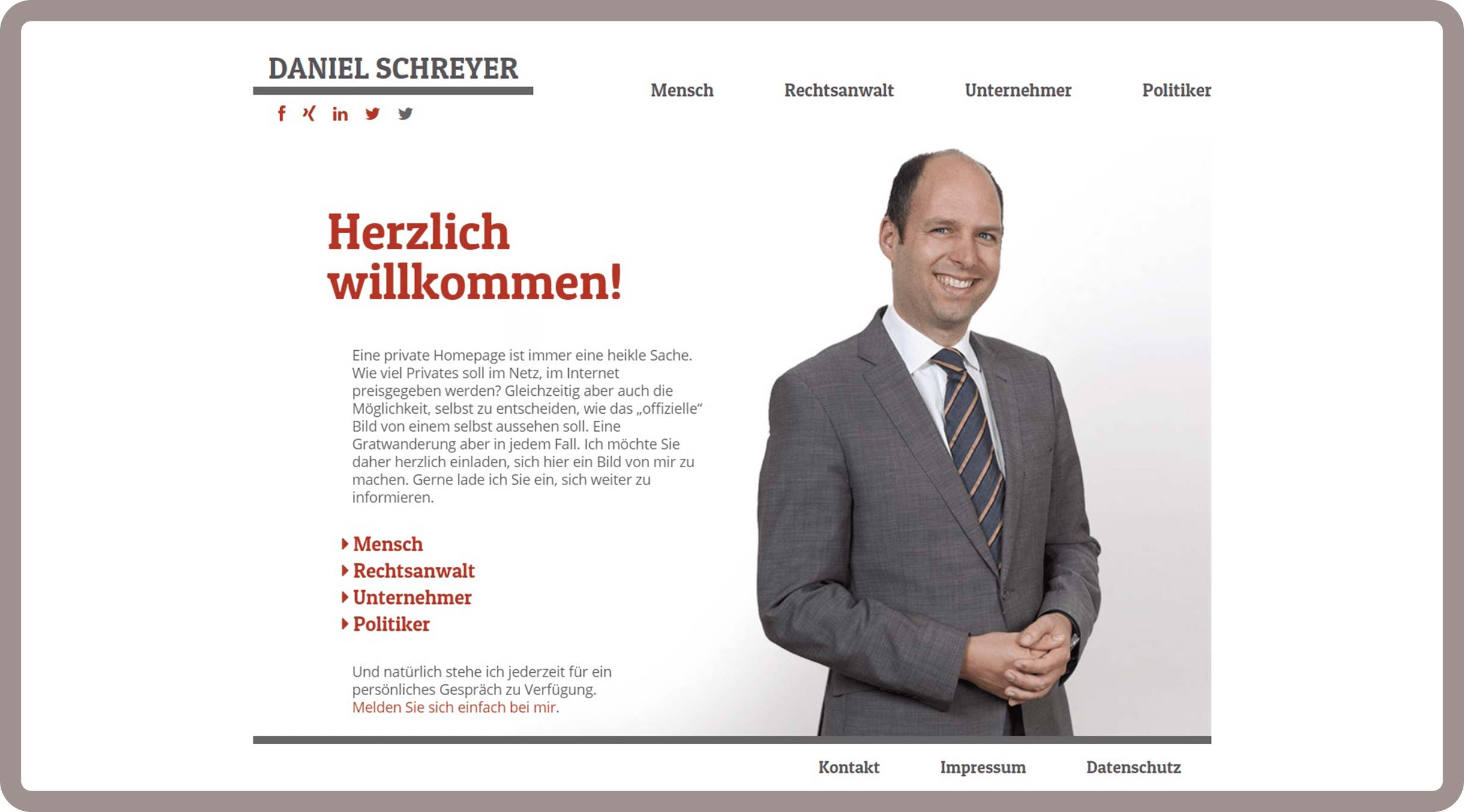 Seite Start Daniel Schreyer - Die responsive Webseite für Daniel Schreyer in München wurde auf dem Content-Managementsystem Wordpress und den Programmiersprachen PHP, Javascript, HTML, CSS realisiert