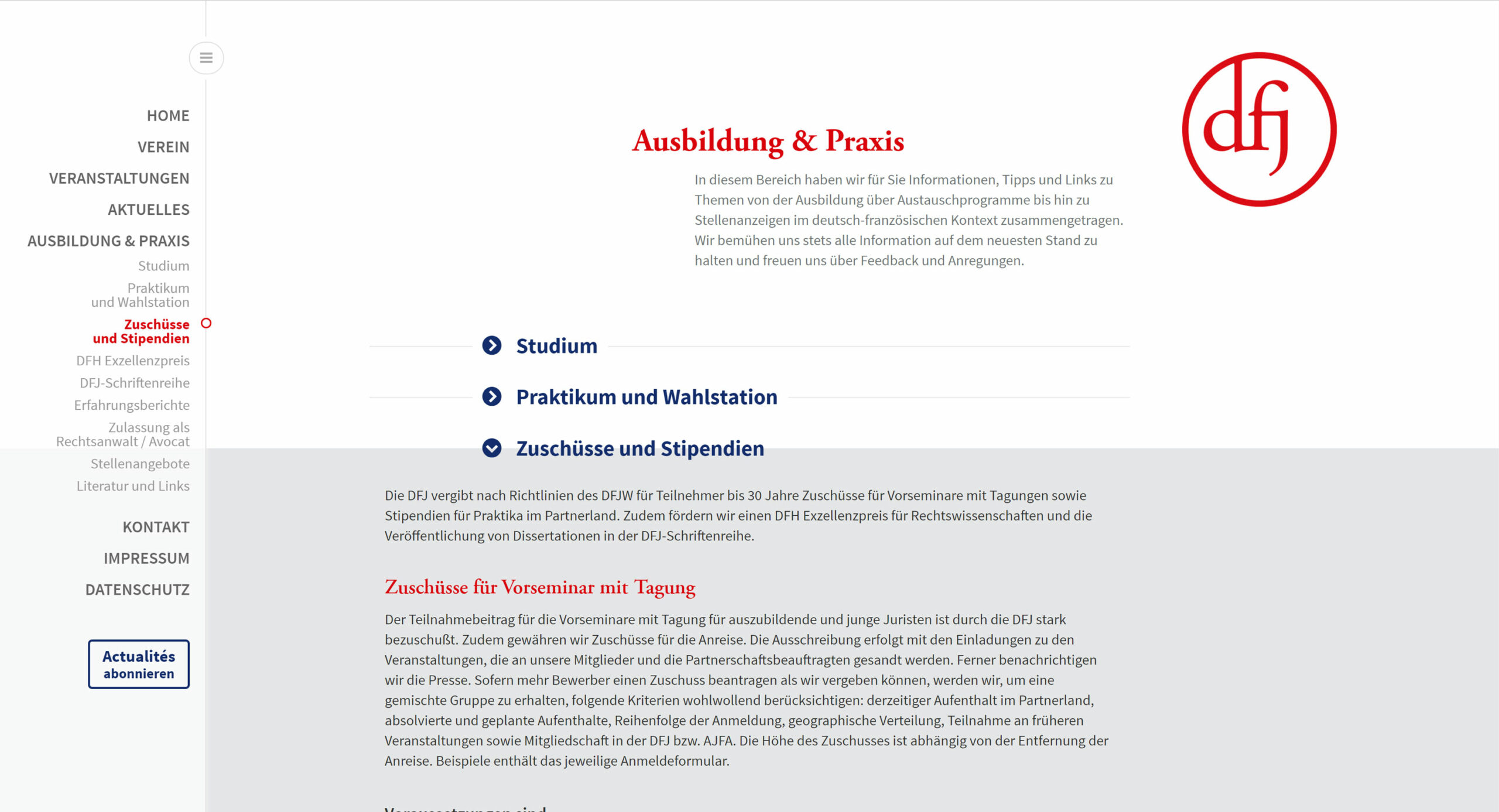 Screenshot der webseite – Unterseite Ausbildung und Praxis