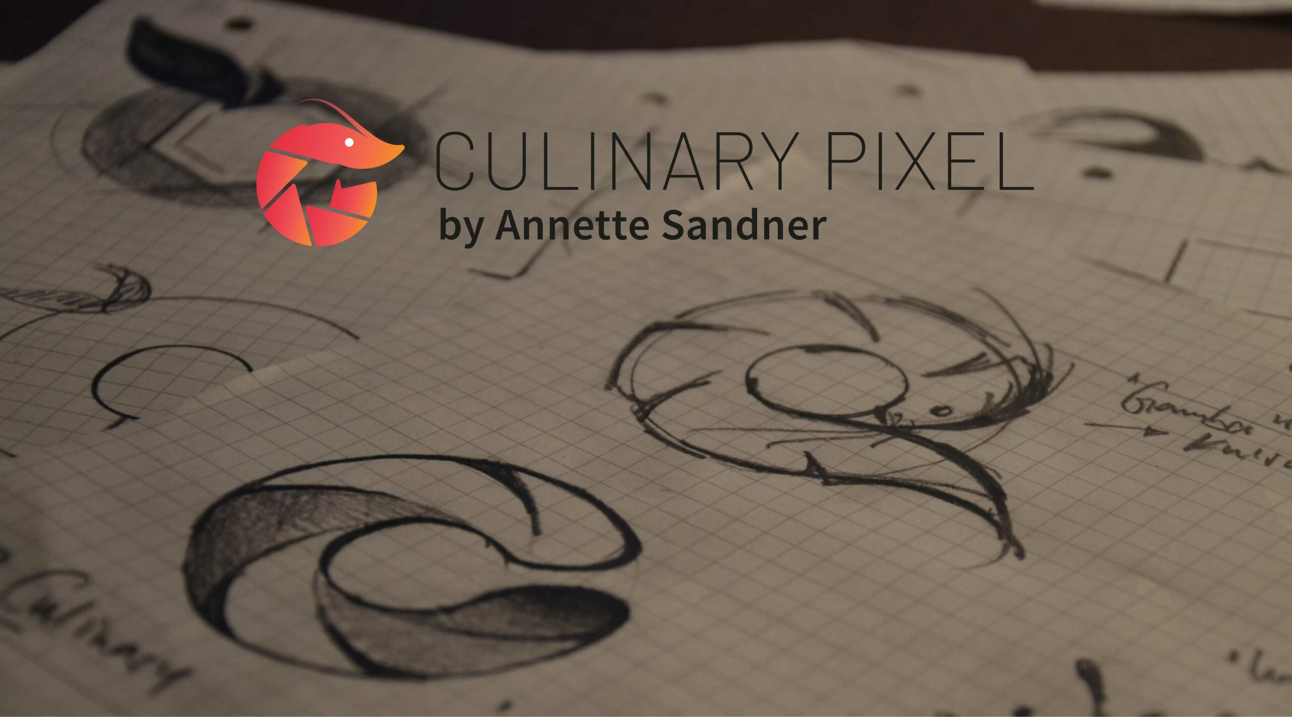 Webheader für Culinary-Pixel - Skizzenbild im Hintergrund und im Vordergrund das Logo von Culinary pixel
