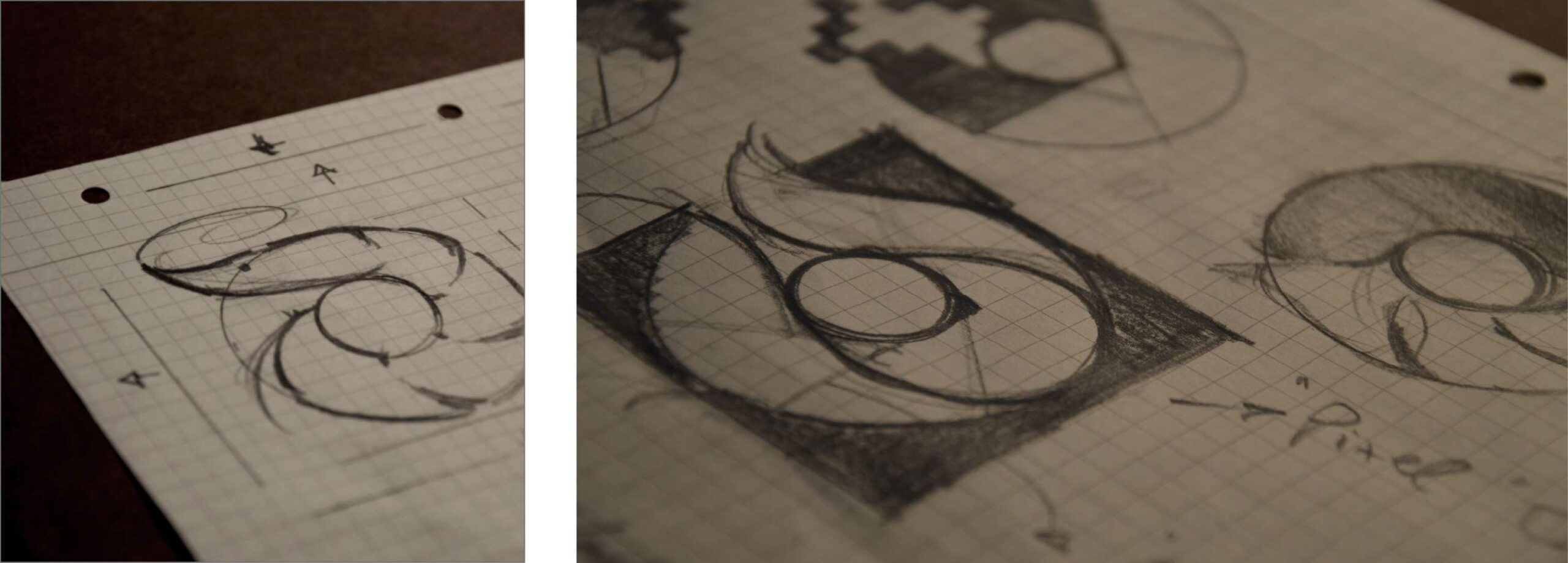 Bilder zeigen verschiedene Bleistift Skizzen zum Entwurf des Logos Culinary Pixel