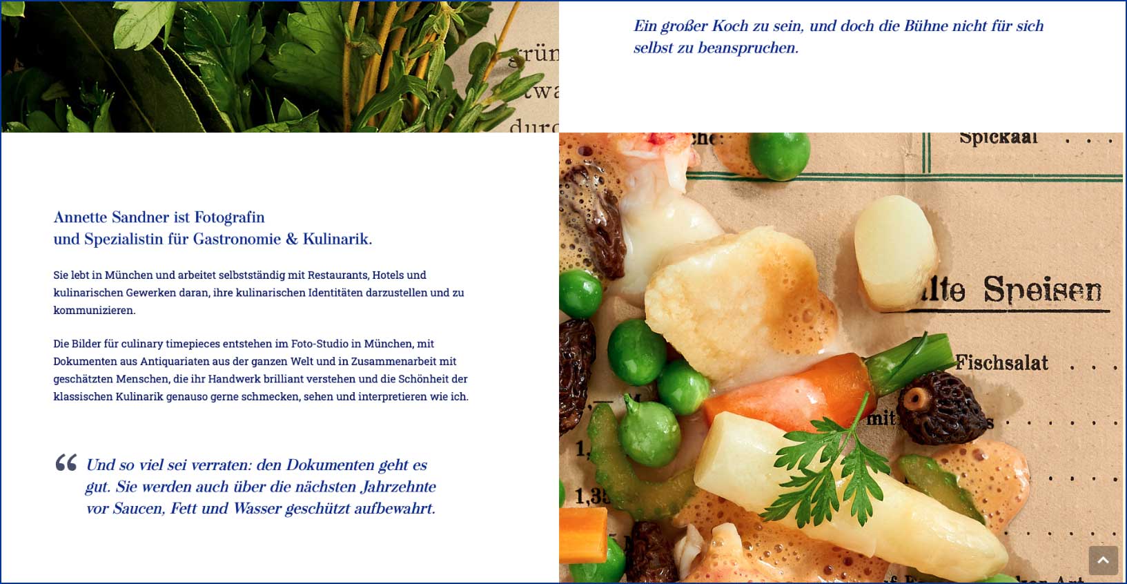 Basisgrid der Webseite "Culinary Timepieces": Bilder und text wechseln sich über Kreuz ab