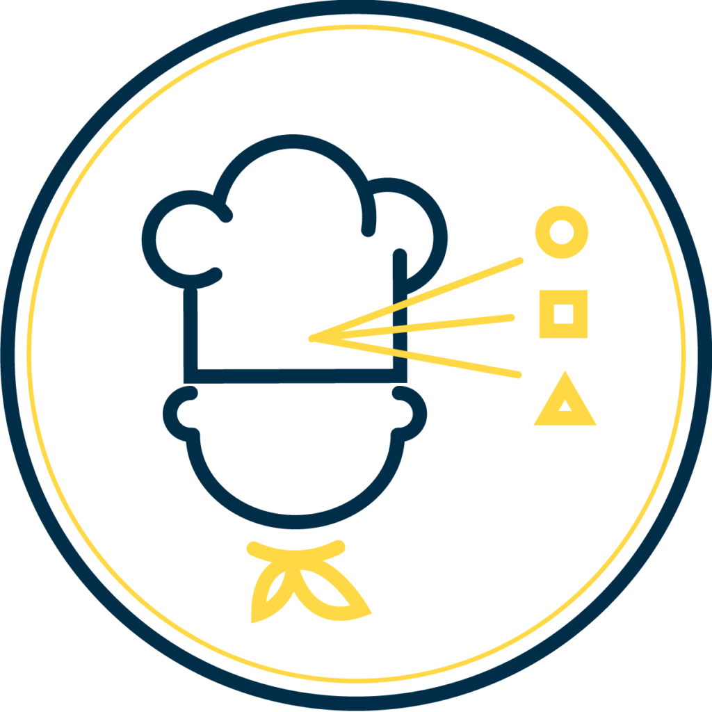 Corporate Design Icon Selbstanalyse - Icon zeigt einen Koch und geometrische Formen die mit Strichen mit dem Kopf verbunden sind
