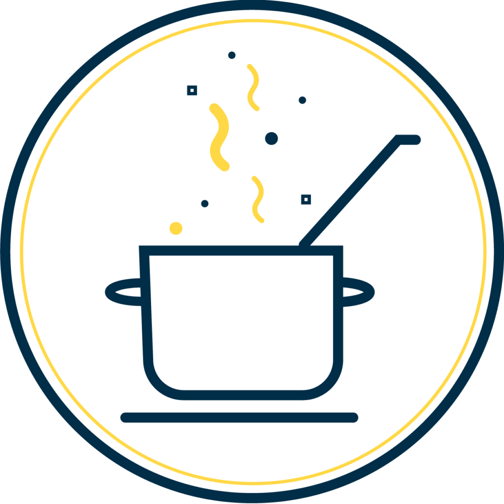 Corporate Design Icon Kochkurse - Icon zeigt einen dampfenden Kochtopf auf dem Herd
