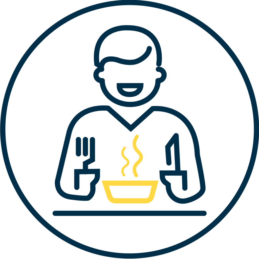 Corporate Design Icon Zielgruppe - Icon zeigt Person am Essenstisch mit Besteck in der Hand und dampfendem Gericht auf dem Tisch