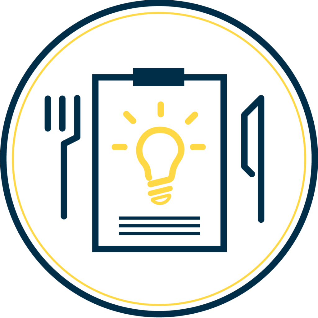 Corporate Design Icon Küchenkonzept- Icon zeigt eine Speisekarte und darauf eine Glühbirne abgebildet