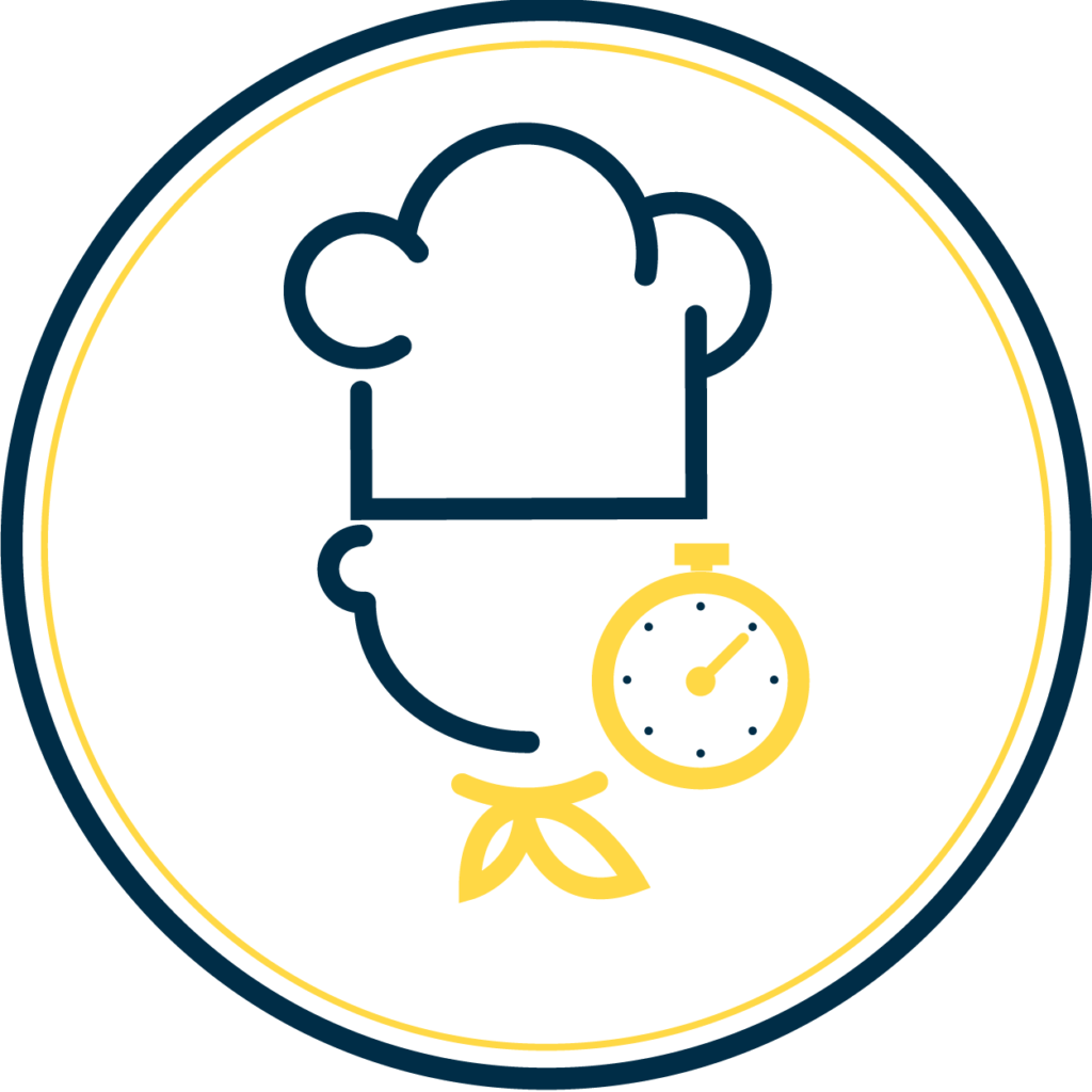 Corporate Design Icon Küchentraining - Icon zeigt die Umrisse eines Koches und eine Stoppuhr daneben