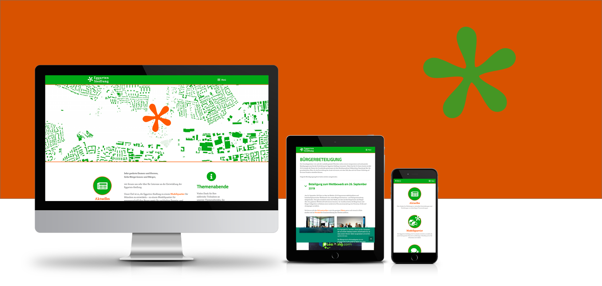 Mockup zeigt die responsive Webseite für Eggarten-Siedlung in München wurde auf dem Content-Managementsystem Wordpress und den Programmiersprachen PHP, Javascript, HTML, CSS realisiert.