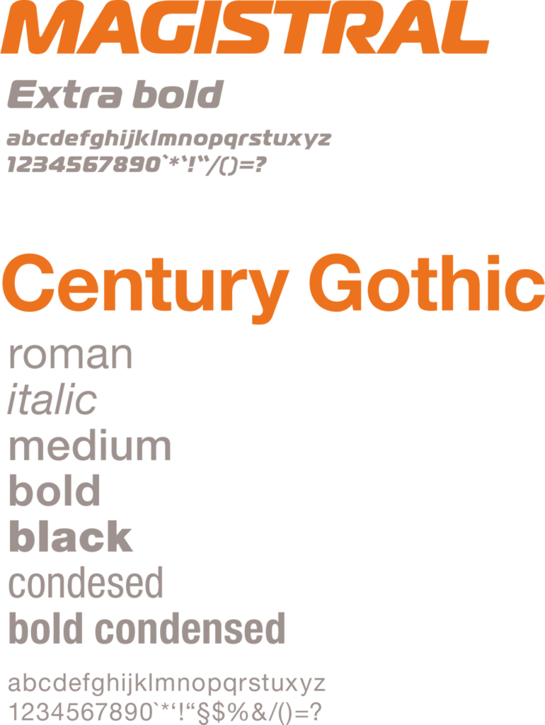 Fontauswahl des Corporate Design. Die Schriften Magistral und Century Gothic in orange und grau