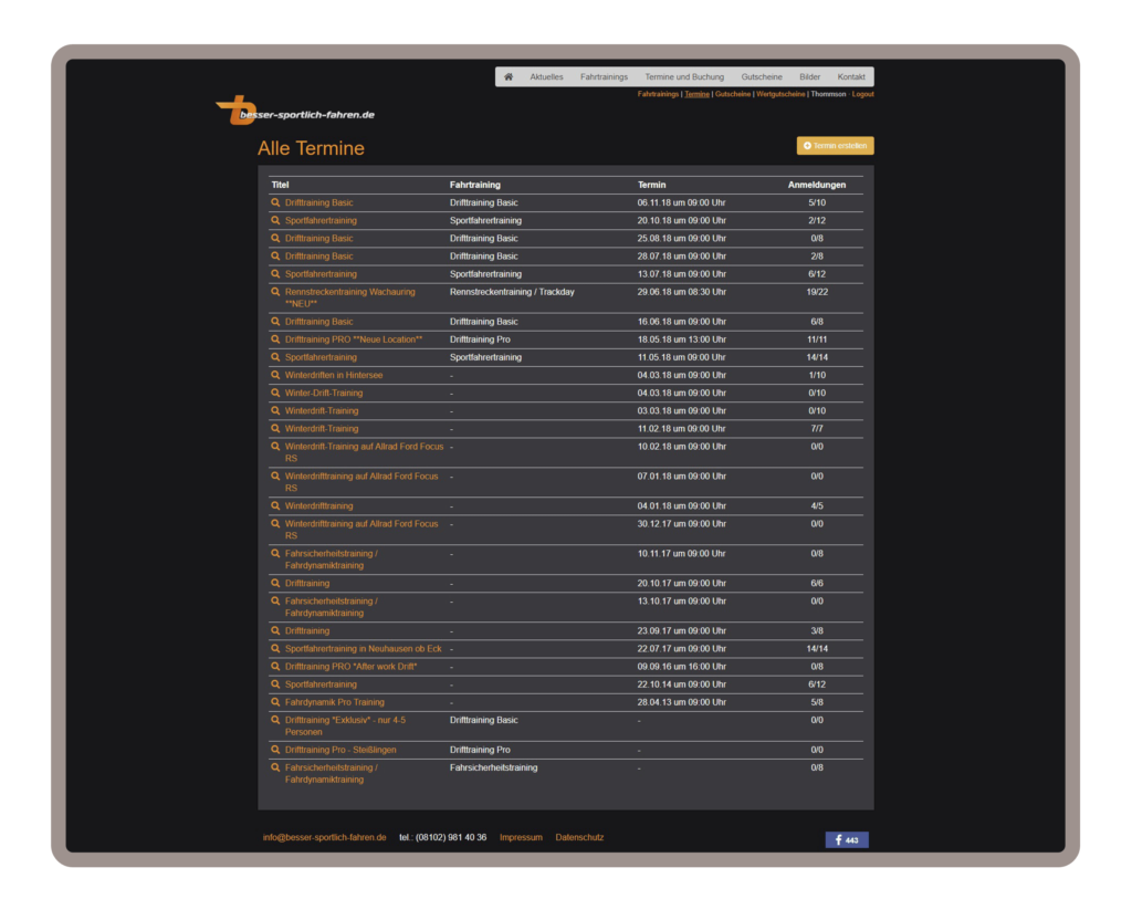 Unterseite mit allen Terminen für besser-sportlich-fahren in München. Die Seite wurde auf dem Content-Managementsystem Wordpress und den Programmiersprachen PHP, Javascript, HTML, CSS realisiert. Auf dieser Unterseite bekommt man eine Übersicht aller anstehenden Events und Termine