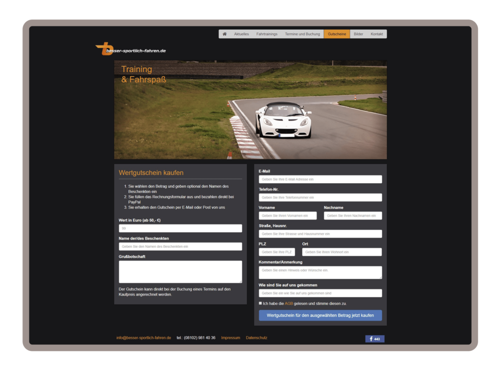 Gutschein Unterseite für besser-sportlich-fahren in München wurde auf dem Content-Managementsystem Wordpress und den Programmiersprachen PHP, Javascript, HTML, CSS realisiert. Gutscheinformular zum kaufen eines Wertgutscheins