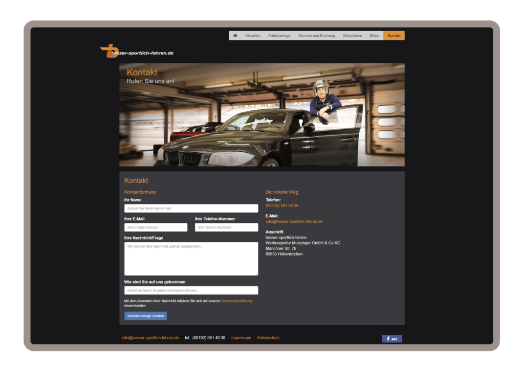 Kontakt für besser-sportlich-fahren in München wurde auf dem Content-Managementsystem Wordpress und den Programmiersprachen PHP, Javascript, HTML, CSS realisiert. Kontaktformular zum senden von Nachrichten und den Kontaktdaten