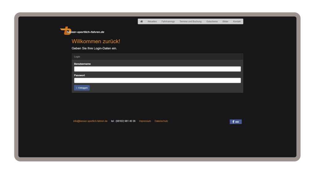 Loginformular für besser-sportlich-fahren in München wurde auf dem Content-Managementsystem Wordpress und den Programmiersprachen PHP, Javascript, HTML, CSS realisiert. Webformular zum einloggen der Seite, mit Benutzernamen und Passwort