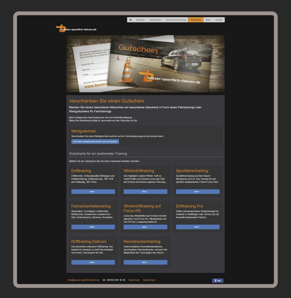 Shop Unterseite für besser-sportlich-fahren in München wurde auf dem Content-Managementsystem Wordpress und den Programmiersprachen PHP, Javascript, HTML, CSS realisiert. Im Shop gibt es mehrere Angebote und Gutscheine zum auswählen
