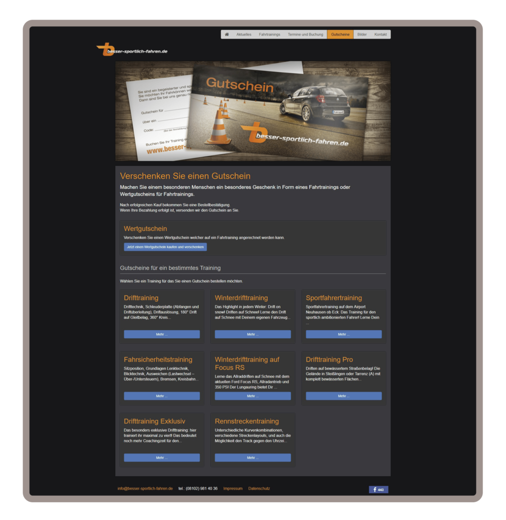 Shop Unterseite für besser-sportlich-fahren in München wurde auf dem Content-Managementsystem Wordpress und den Programmiersprachen PHP, Javascript, HTML, CSS realisiert. Im Shop gibt es mehrere Angebote und Gutscheine zum auswählen