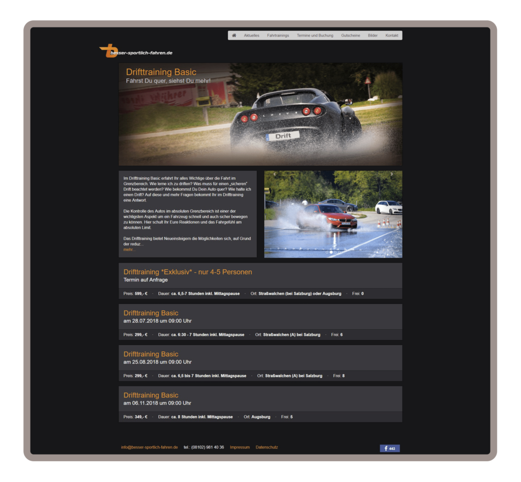 Drifttraining Basic Unterseite für besser-sportlich-fahren in München wurde auf dem Content-Managementsystem Wordpress und den Programmiersprachen PHP, Javascript, HTML, CSS realisiert.