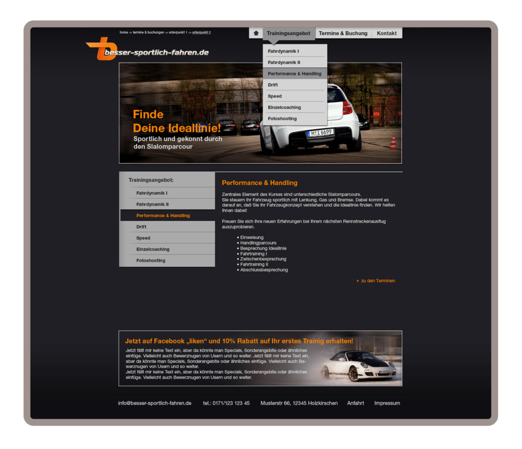 Trainingsangebot Unterseite für besser-sportlich-fahren in München wurde auf dem Content-Managementsystem Wordpress und den Programmiersprachen PHP, Javascript, HTML, CSS realisiert.