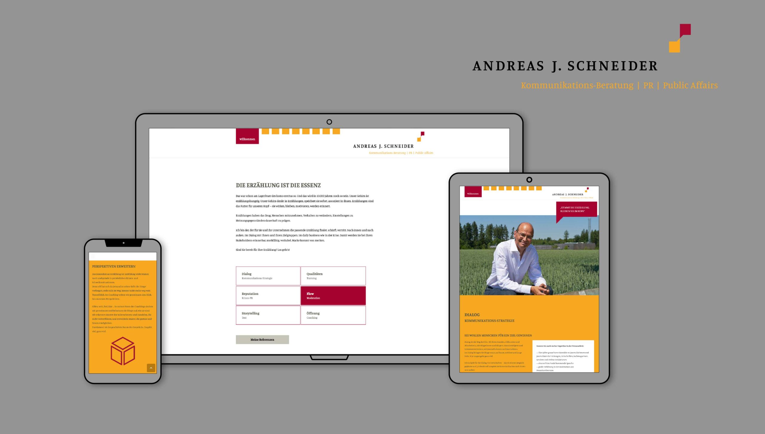 Günstiges Webdesign für einen Kommunikations-Profi: Die responsive Webseite für Andreas Schneider in München wurde auf dem Content-Managementsystem Wordpress und den Programmiersprachen PHP, Javascript, HTML, CSS realisiert.