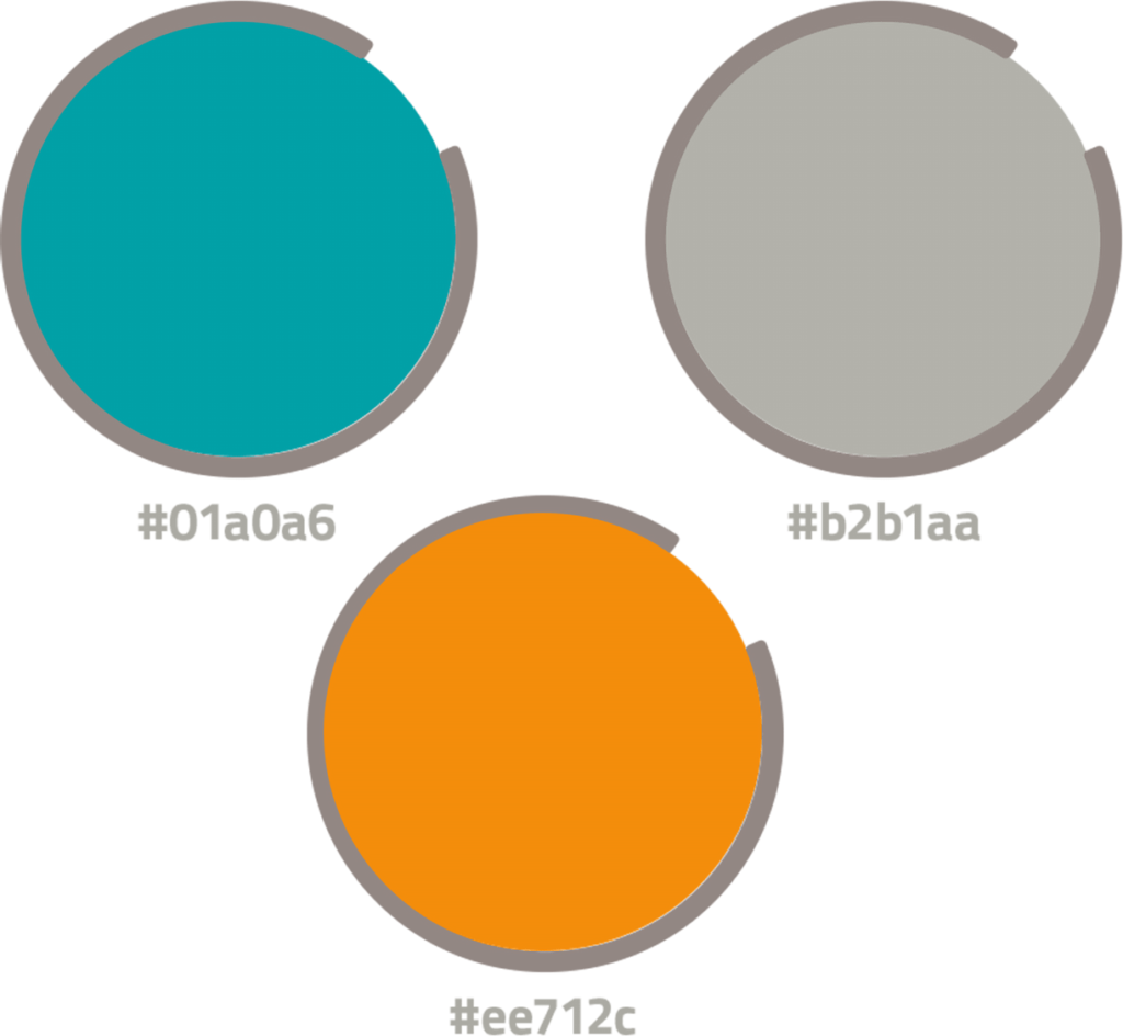 Farben des Corporate Design JB-legal München. Es werden die Hauptfarben Türkis und Grau und Orange gezeigt mit jeweiligen HEX-Code.