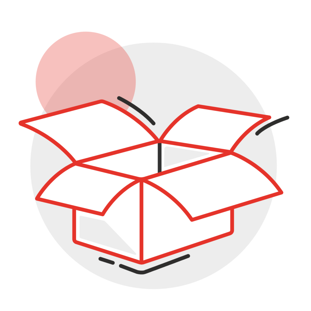 Für das Webdesign für das kleine Unternehmen WIFO-Verpackungsfolien aus Garmisch-Patenkirchen wurden Icons angefertigt. Für das Produkt Kastenhauben sieht man einen geöffneten weißen Karton mit roten Konturen auf einem großen hellgrauen und einem kleinen hellroten Kreis.