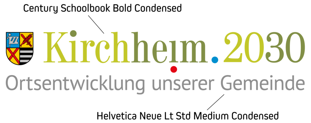Verwendete Fonts des Corporate Designs von Kirchheim2030 gezeigt anhand des ausführlichen Logos mit Slogan.