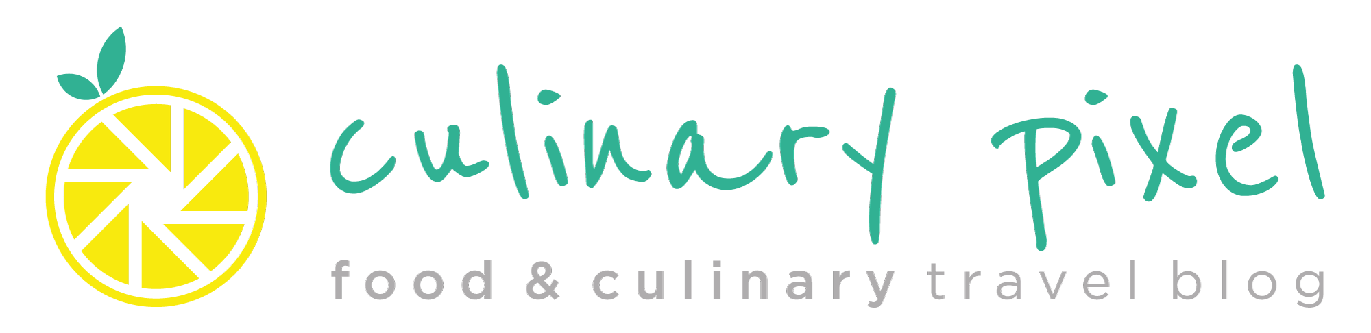 Das alte Logo von Culinary-Pixel. Culinary Pixel als Schrift, und links daneben das Bildlogo in Farbe, das eine Zitrone als Blende darstellt, darunter der Schriftzug food&culinary travel blog | corporate design