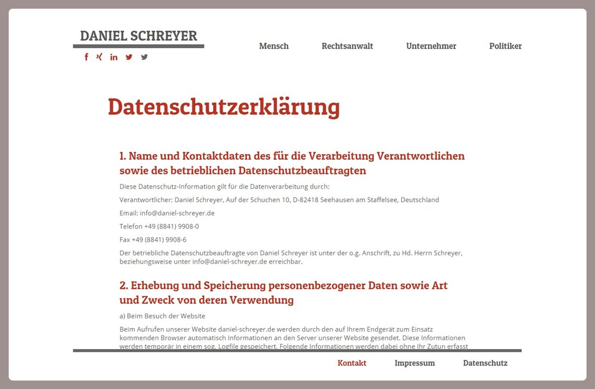 Seite Datenschutz Daniel Schreyer - Die responsive Webseite für Daniel Schreyer in München wurde auf dem Content-Managementsystem Wordpress und den Programmiersprachen PHP, Javascript, HTML, CSS realisiert