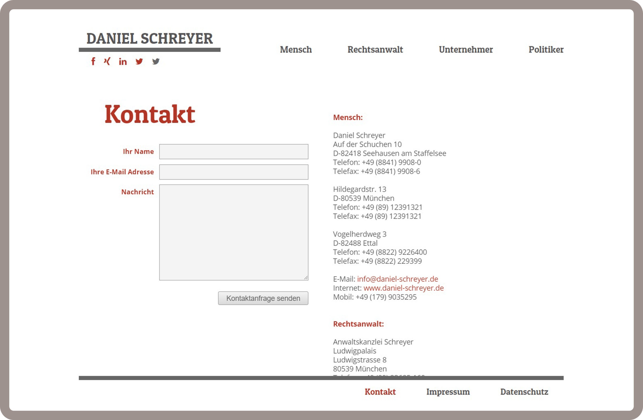 Seite Kontakt Daniel Schreyer - Die responsive Webseite für Daniel Schreyer in München wurde auf dem Content-Managementsystem Wordpress und den Programmiersprachen PHP, Javascript, HTML, CSS realisiert