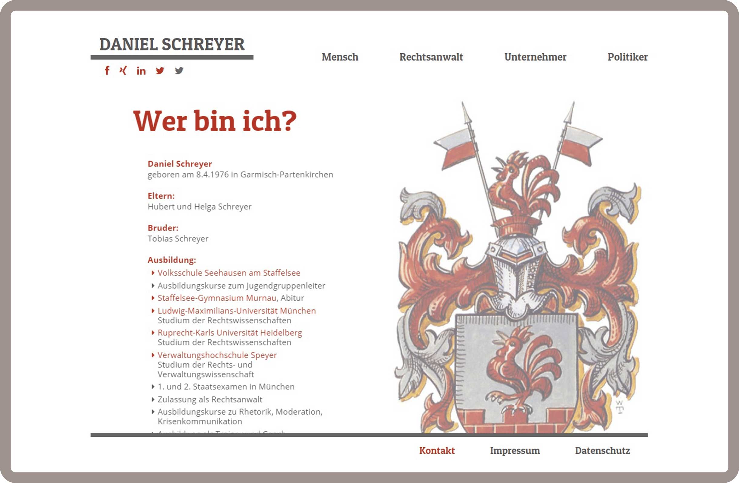 Vita Daniel Schreyer - Die responsive Webseite für Daniel Schreyer in München wurde auf dem Content-Managementsystem Wordpress und den Programmiersprachen PHP, Javascript, HTML, CSS realisiert.