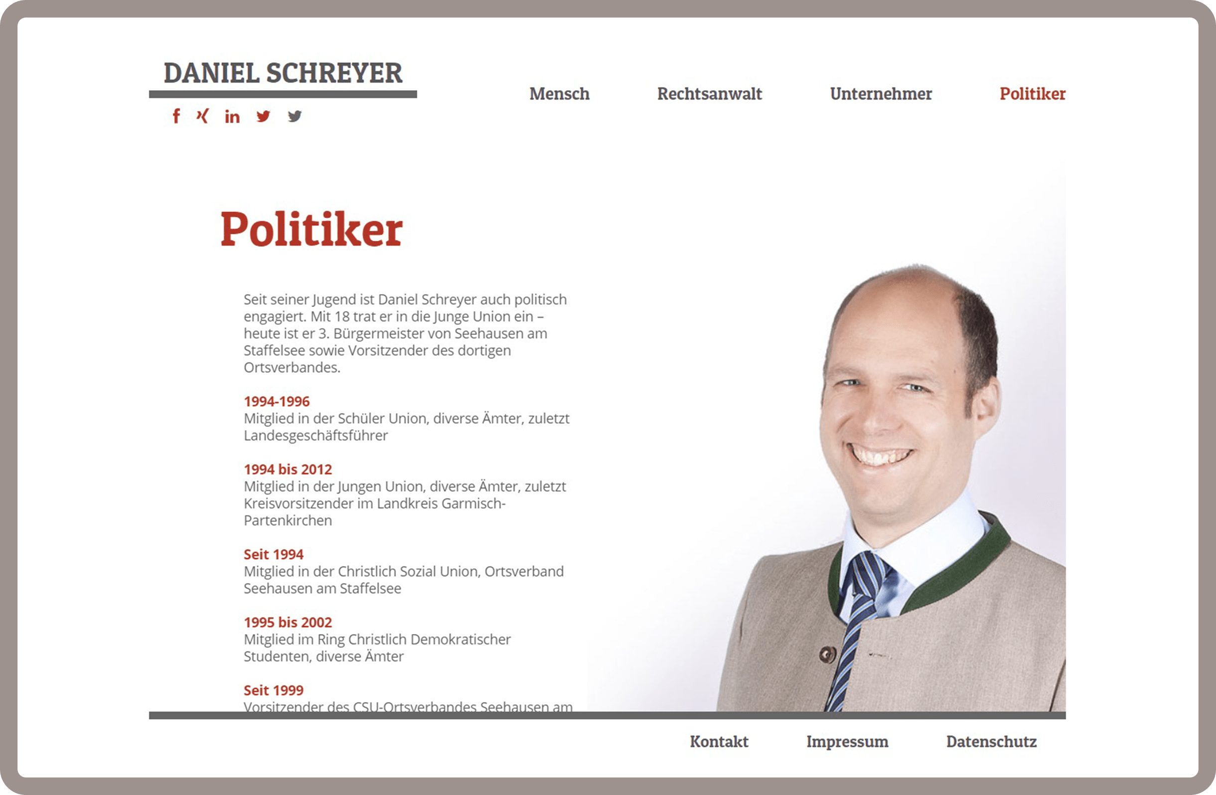 Seite Politiker Daniel Schreyer - Die responsive Webseite für Daniel Schreyer in München wurde auf dem Content-Managementsystem Wordpress und den Programmiersprachen PHP, Javascript, HTML, CSS realisiert