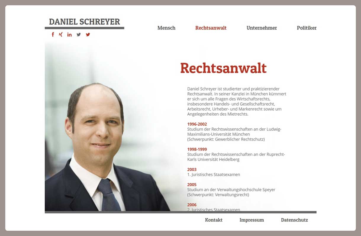 Seite Rechtsanwalt Daniel Schreyer - Die responsive Webseite für Daniel Schreyer in München wurde auf dem Content-Managementsystem Wordpress und den Programmiersprachen PHP, Javascript, HTML, CSS realisiert