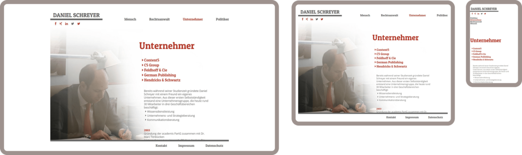 Seite Unternehmer Daniel Schreyer - Die responsive Webseite für Daniel Schreyer in München wurde auf dem Content-Managementsystem Wordpress und den Programmiersprachen PHP, Javascript, HTML, CSS realisiert.