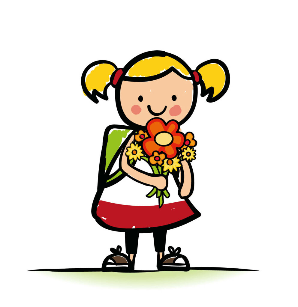 Illustration eines kleinen, blonden Mädchens, die einen großen Blumenstrauß hält