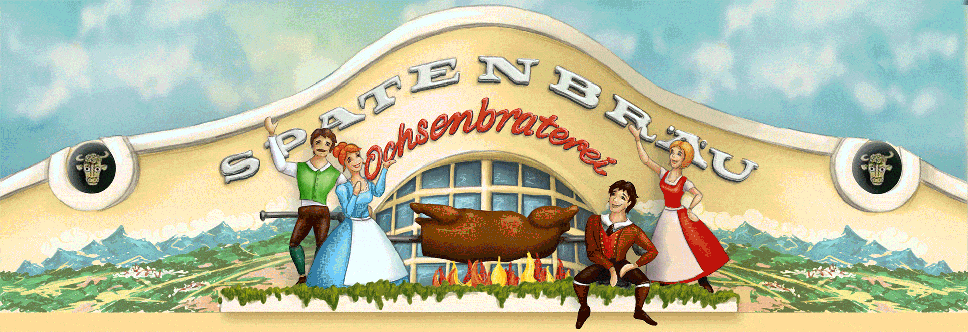 Die Headeranimation zeigt die illustrierte Fassade der Ochsenbraterei München. Mit vier Figuren in Tracht neben einem Ochsenbraten über offenem Feuer.