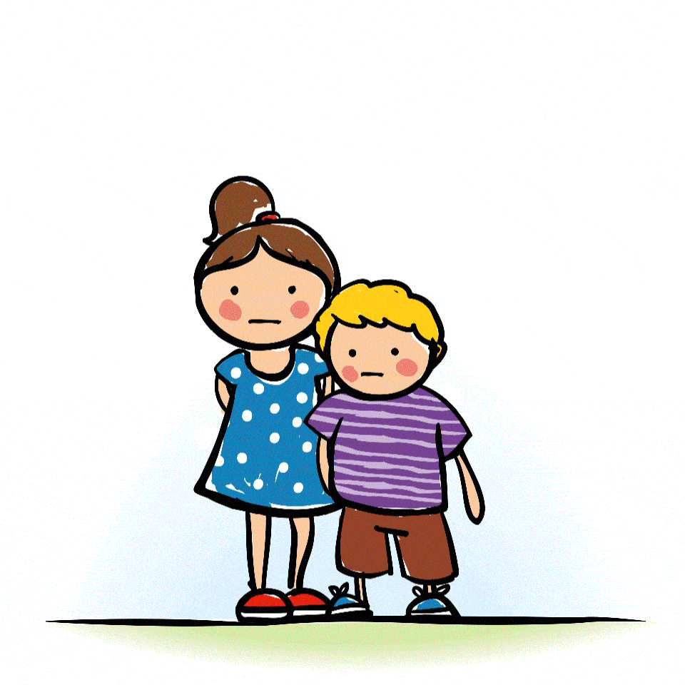 Animierte Illustration eines kleinen, blonden Jungen und eines großen, brünetten Mädchens, die gemeinsam einen großen Blumenstrauß halten, umringt von bunten Schulmaterialien. Darüber steht in rot das Wort Danke und ein Herz.