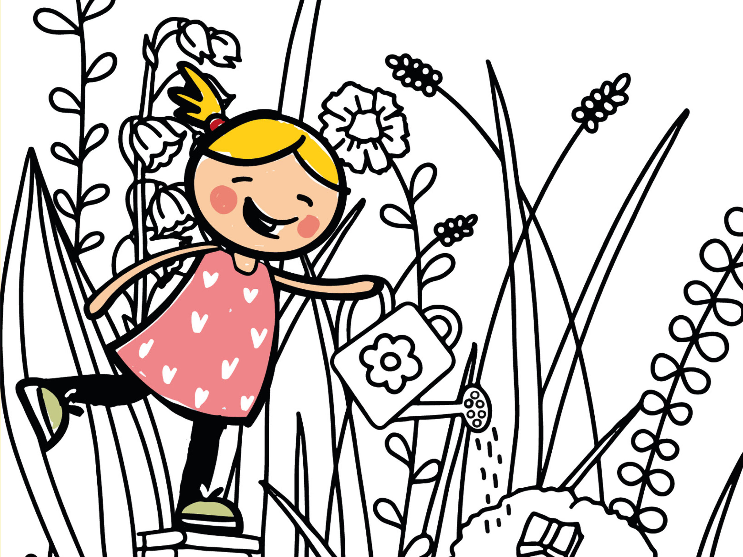 Illustration eines blonden Mädchens, die in einem Garten herumläuft und mit Gießkanne die Blumen gießt