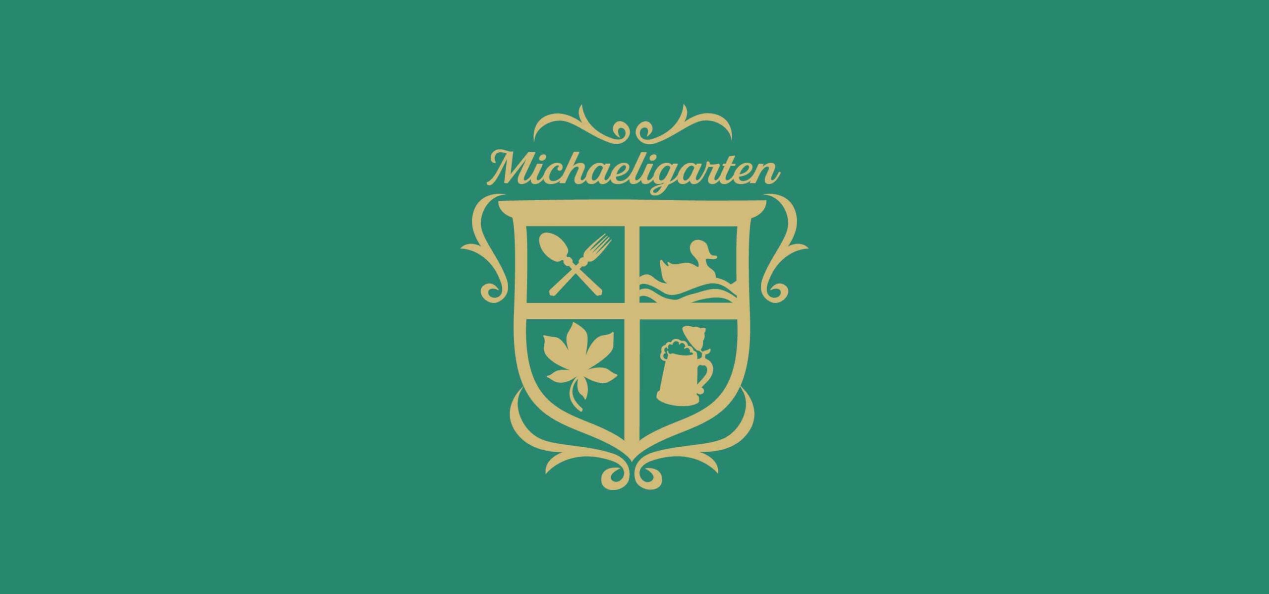 Header mit goldenem Logo auf grünem Hintergrund der Gastronomie Michaeligarten München.