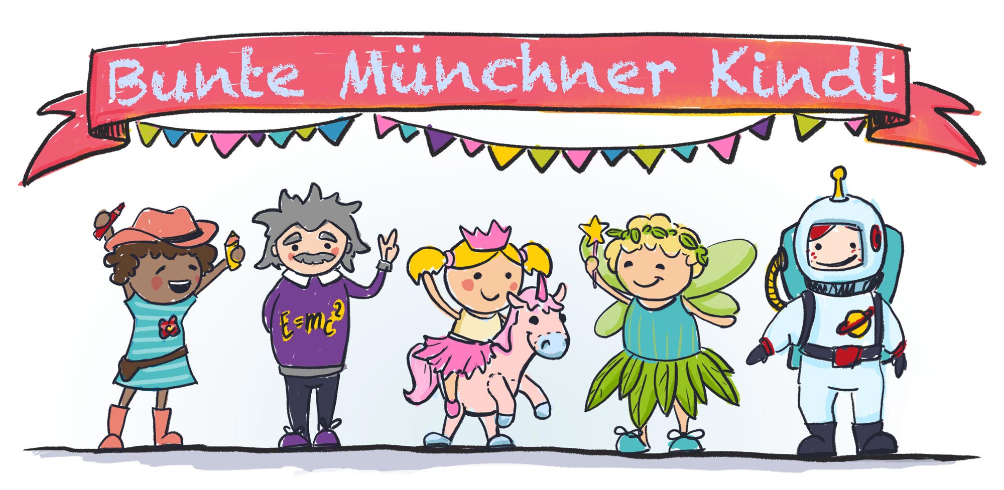 Illustration von fünf Kindl in verschiedenen Karnevalskostümen unter einem mit bunten Wimpeln verzierten Banner mit der Aufschrift „Bunte Münchner Kindl“.