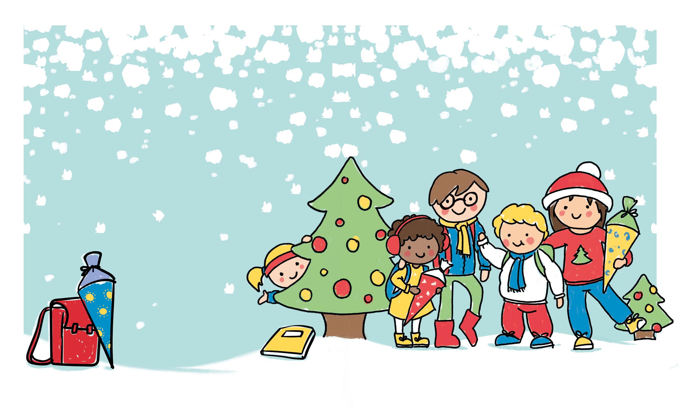 Eine bunt illustrierte Weihnachtskarte der Bunte Münchner Kindl München. Illustration einer Schneelandschaft mit Weihnachtsbäumen, Kindl in Winterkleidung und Schulsachen.