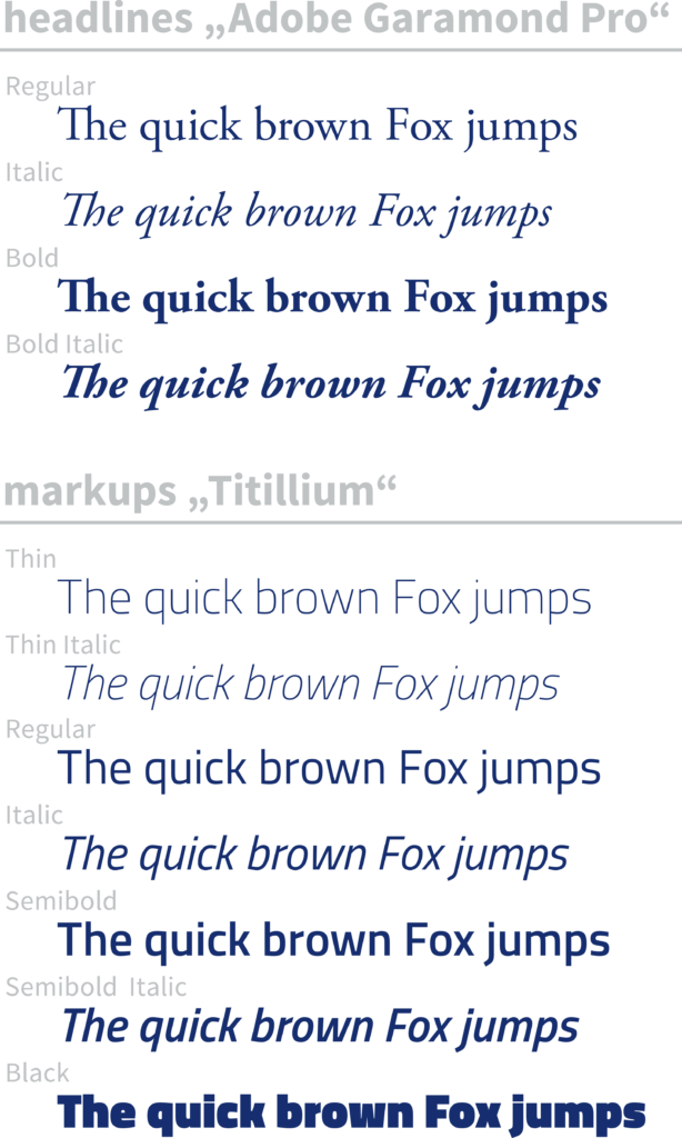 Die Schrift der Überschriften Garamond Pro und markups Titillium, des Corporate Designs der deutsch franzoesischen Juristenvereinigung