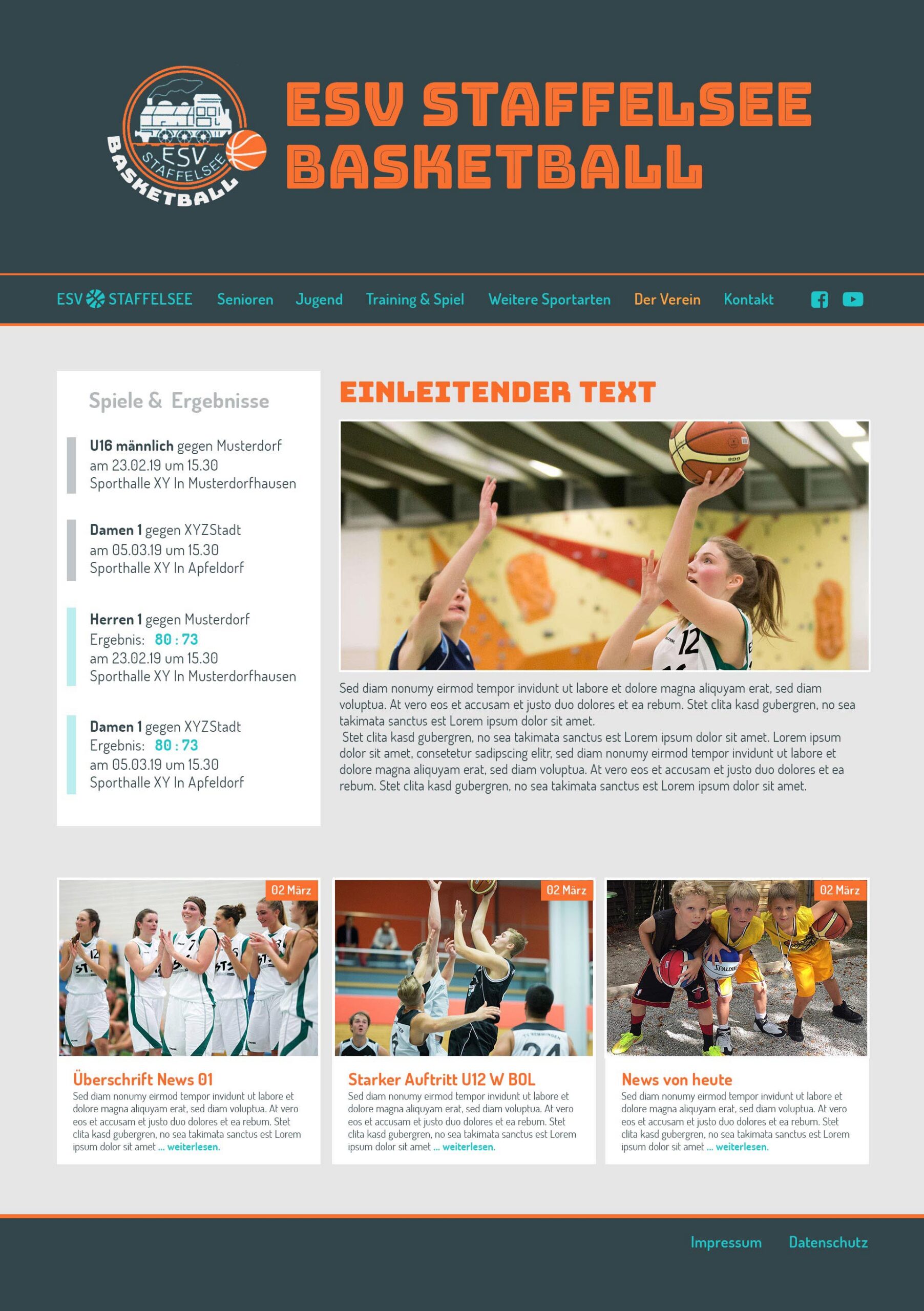 Webdesign-Entwurf für die Vereinswebseite ESV Staffelsee Basketball mit Startseite, Spielergebnissen und News
