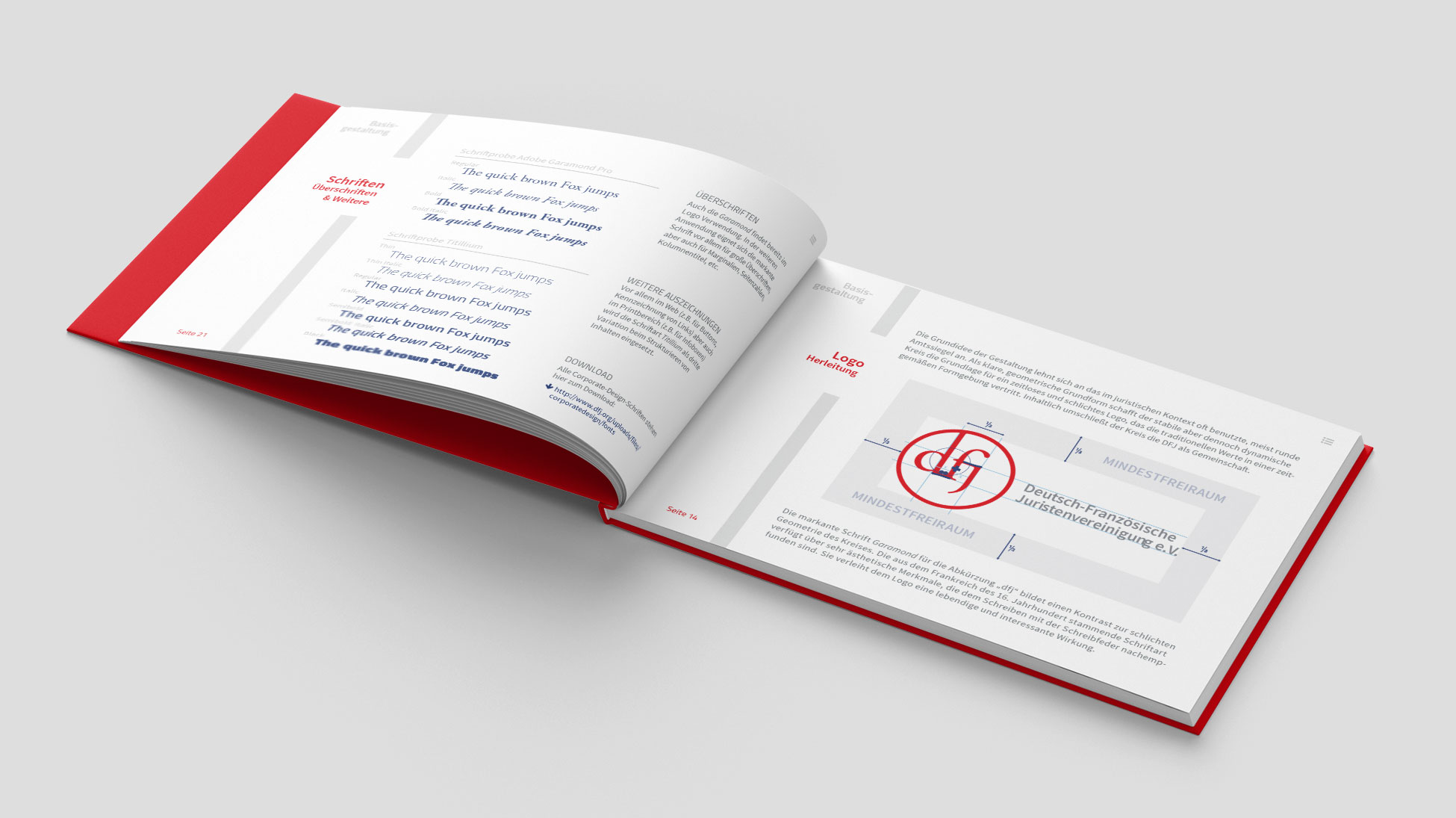 Print-Mockup von dfj Corporate Design Guideline, Seite zeigt Logo- und Schriftverwendung