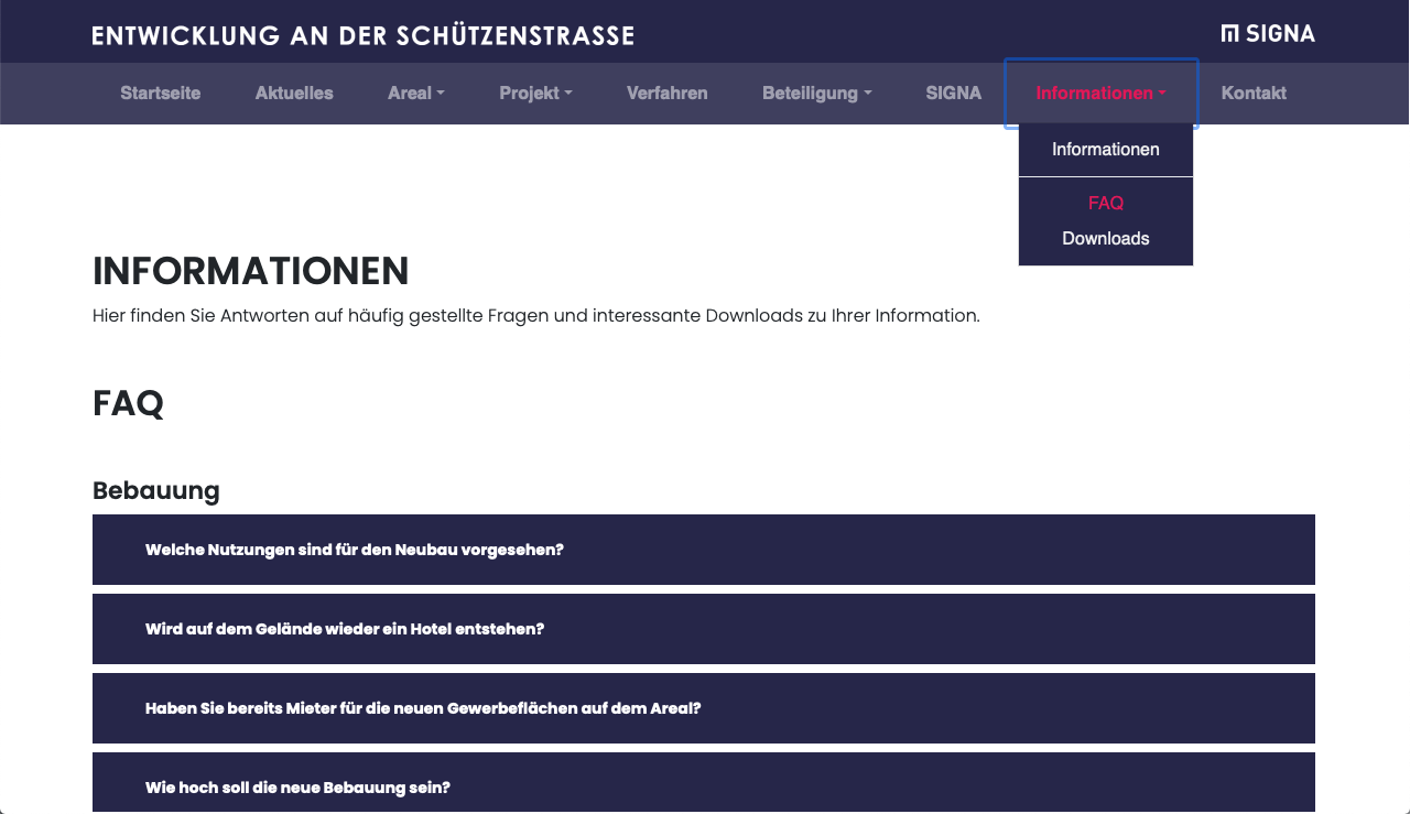 Informationen und FAQ auf der Webseite zum beantworten aller Möglichen Fragen zum Bauprojekt