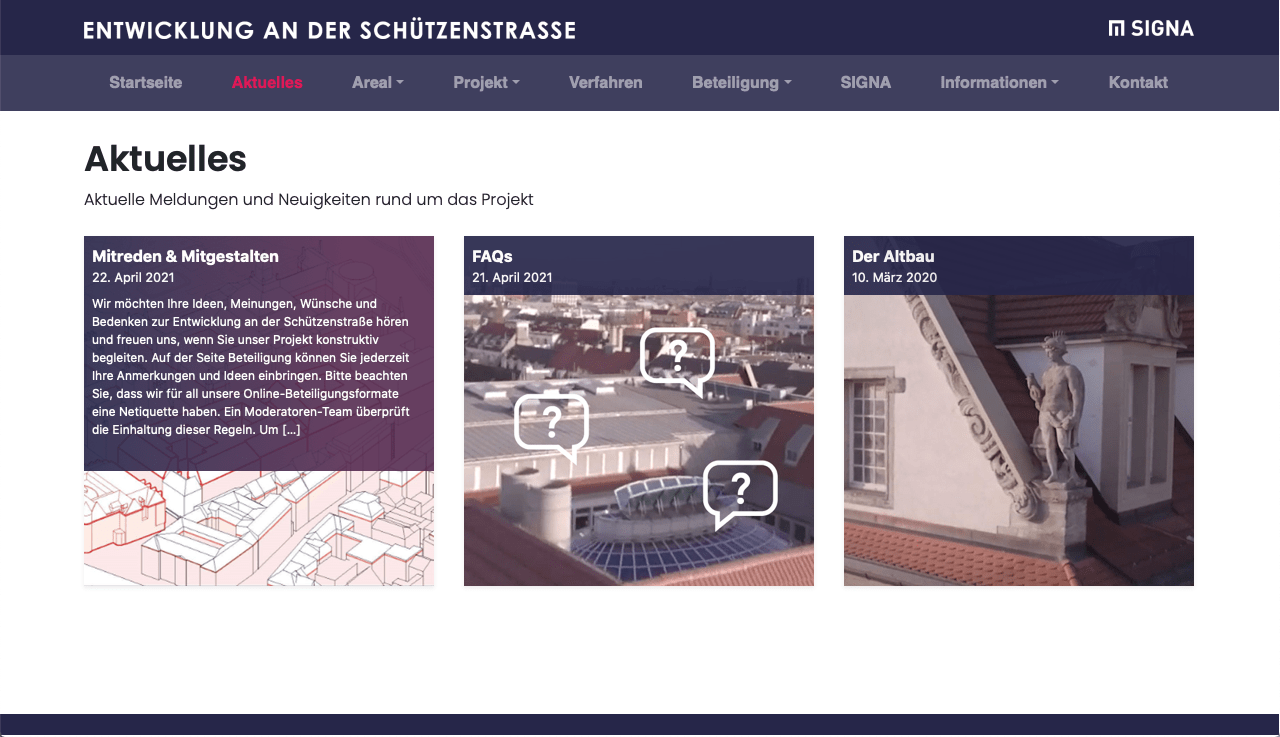 Aktuelle Meldungen und Neuigkeiten in Kachelform auf der Webseite rund um das Projekt.