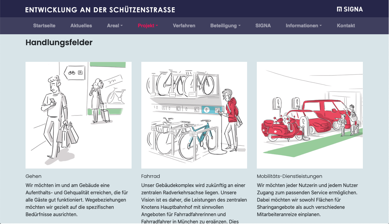 Die Handlungsfelder der Mobilität zeigen skizzenhafte Illustrationen über das Mobilitätskonzept mit den Punkten Gehen, Fahrrad und Mobilitätsdienstleistungen