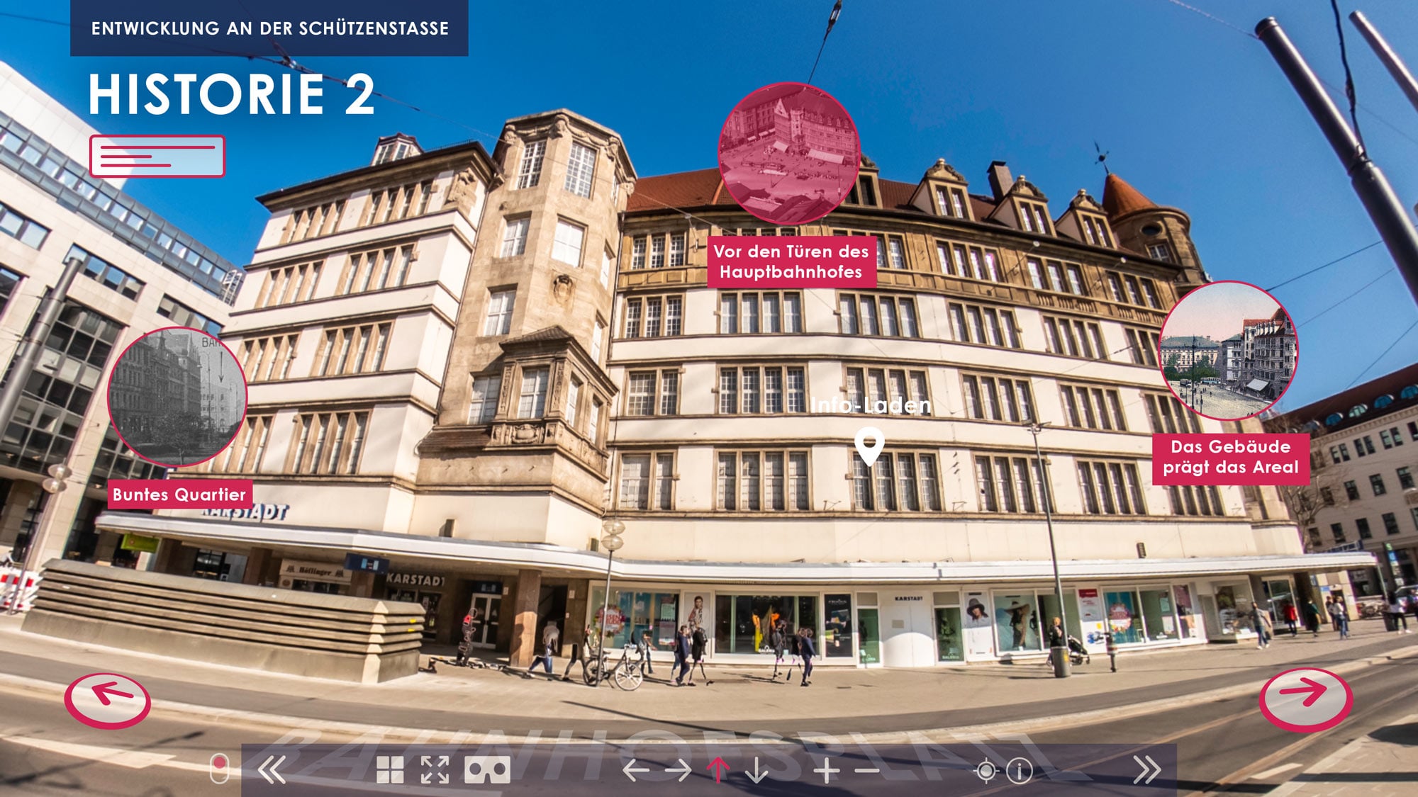 Bild zeigt Screenshot des Karstadt Gebäudes mit Infografiken und Möglichkeit der digitalen Begehung des Gebäudes mit VR.