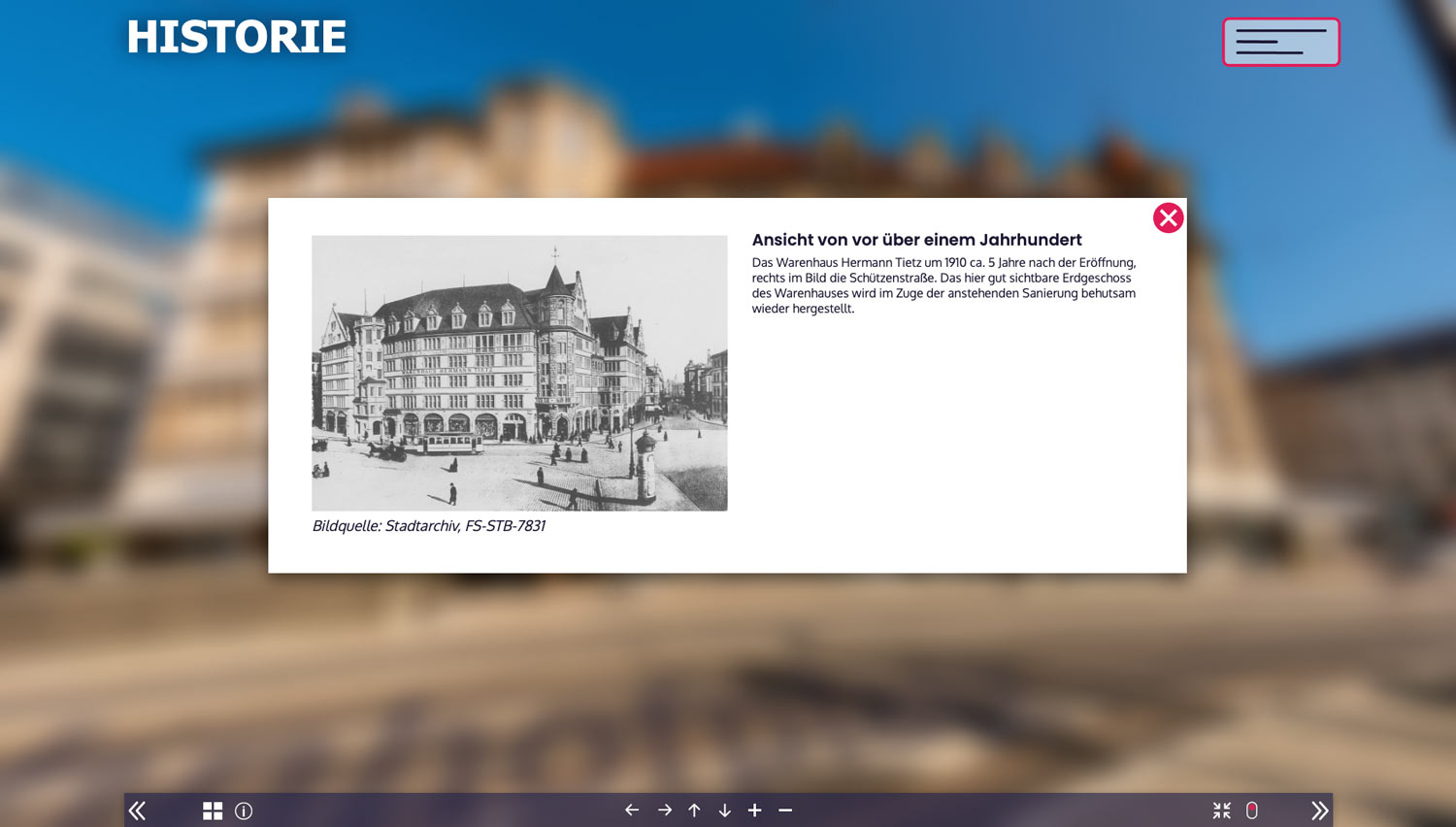 Bild zeigt Infotext und Bild über die Historie des Gebäudes bei virtueller Rundtour