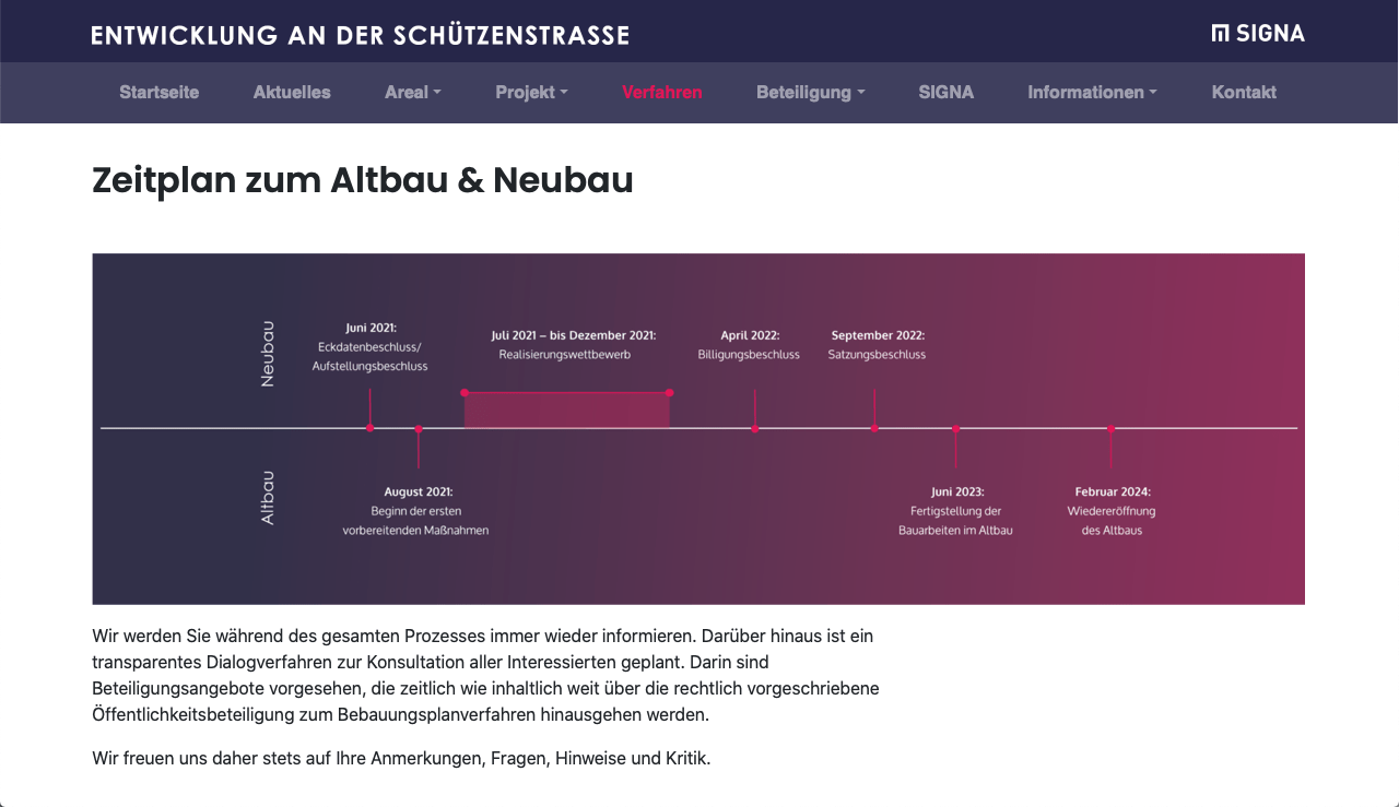 Bild zeigt den zeitlichen Ablauf des Bauprojektes in einem Zeitstahl auf der Webseite, bezüglich des Bauvorhabens Alt- und Neubau