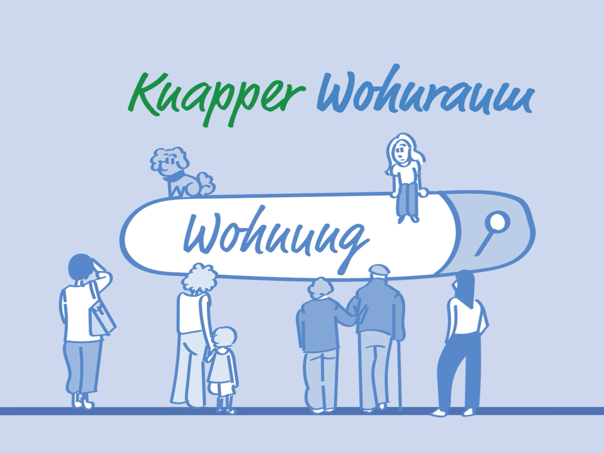 Illustration mehrerer Menschen, die mit dem Rücken zum Betrachter stehen und auf ein Suchfeld mit dem Wort "Wohnung" schauen. Auf dem Suchfeld sitzt ein Mädchen und ein Hund, darüber die Worte "Knapper Wohnraum".