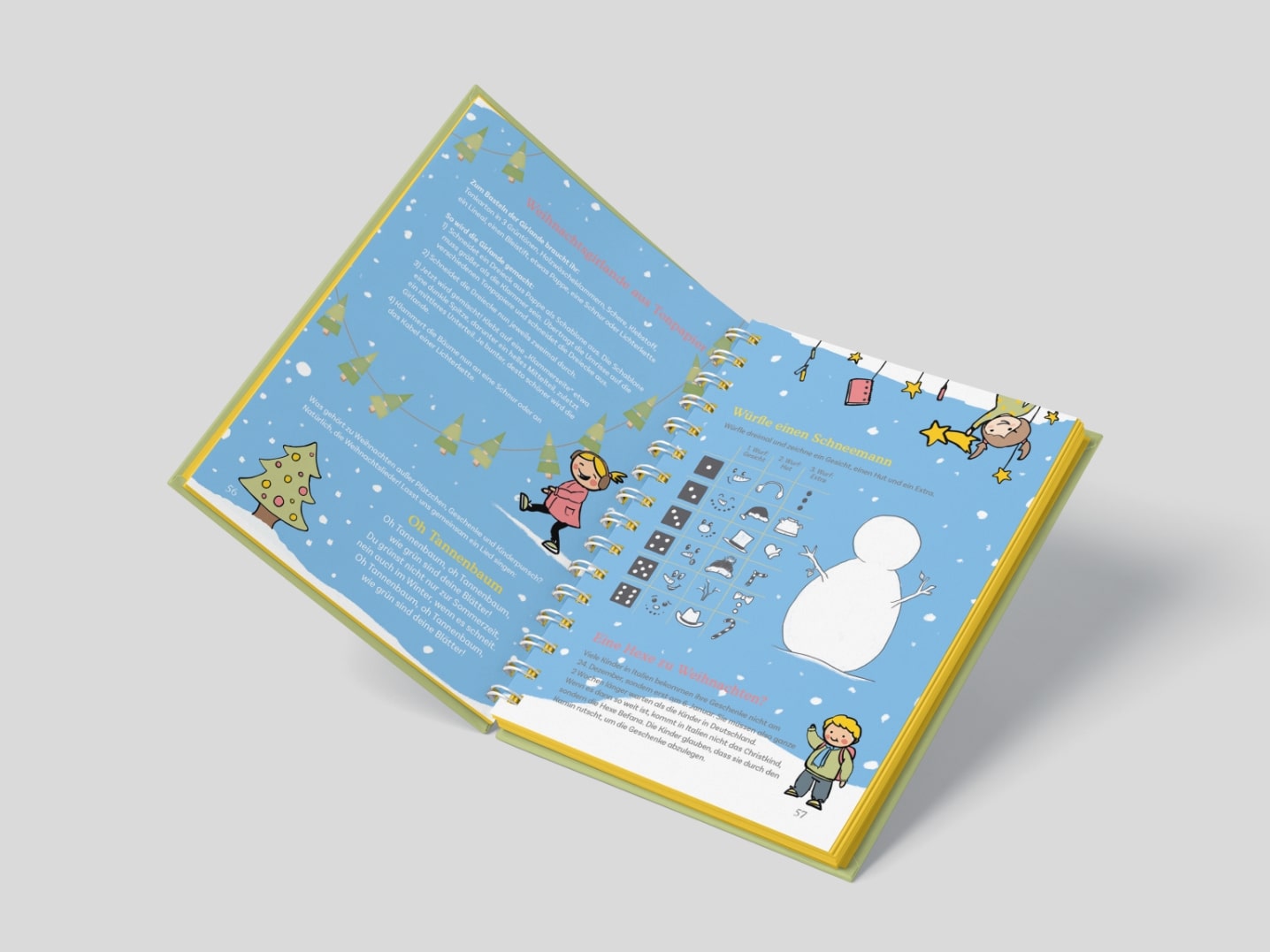 Mockup einer Doppelseite mit Spielen und Themen rund um Weihnachten aus dem nachhaltigen Hausaufgabenheft Bunte Münchner Kindl München