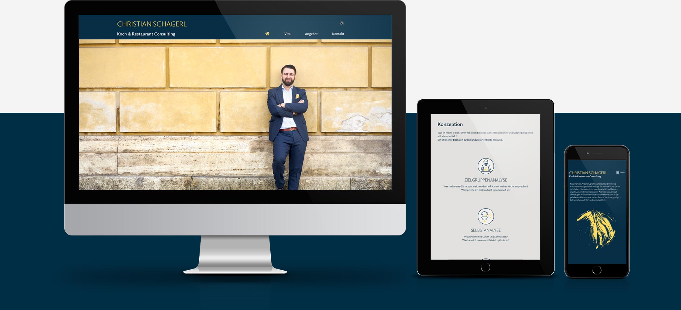 Die Mockups des Bildes zeigen, die Webseite ist responsiv programmiert und konzepiert worden. Die responsive Webseite für Christian Schagerl in München wurde auf dem Content-Managementsystem Wordpress und den Programmiersprachen PHP, Javascript, HTML, CSS realisiert. Ein gutes Beipiel, wie moderne Webseiten entwickelt werden.